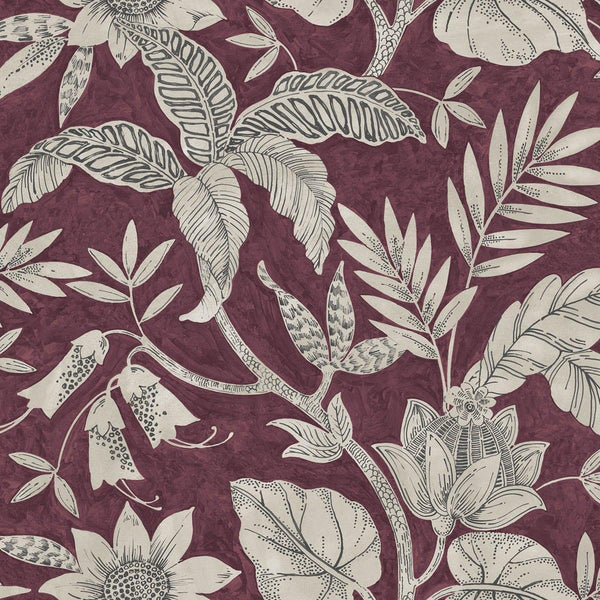 Seabrook Rainforest Leaves Cranberry And Stone Wallpaper