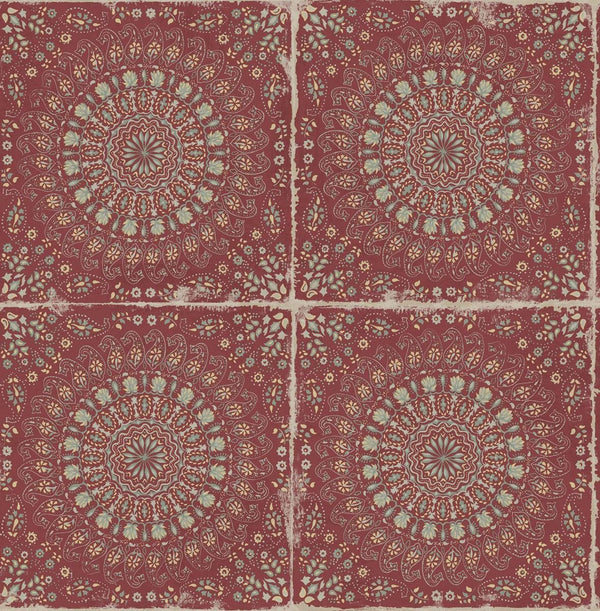 Seabrook Mandala Boho Tile Cabernet And Aloe Green Wallpaper