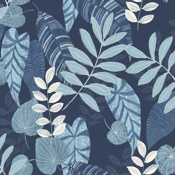 Seabrook Tropicana Leaves Sky Blue And Champlain Wallpaper