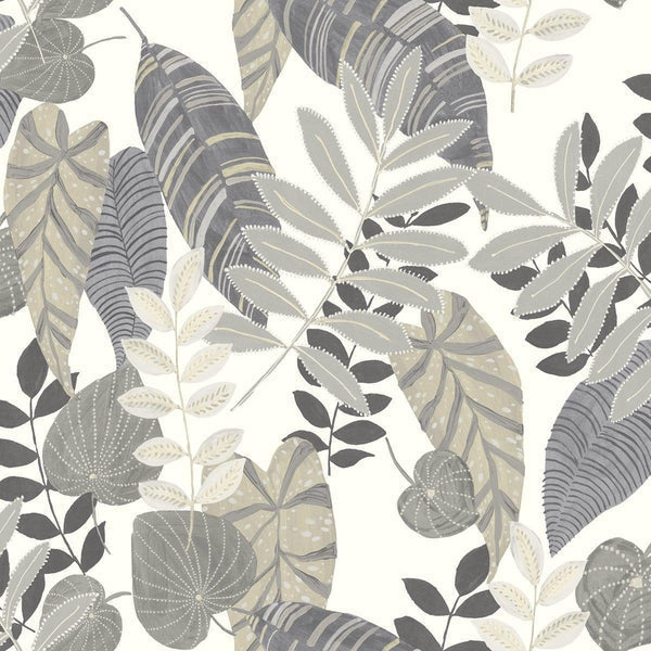 Seabrook Tropicana Leaves Charcoal, Stone, And Daydream Gray Wallpaper