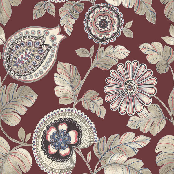 Seabrook Calypso Paisley Leaf Cabernet And Coral Wallpaper