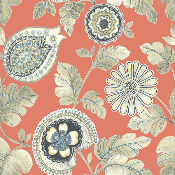 Seabrook Calypso Paisley Leaf Coral And Aloe Wallpaper