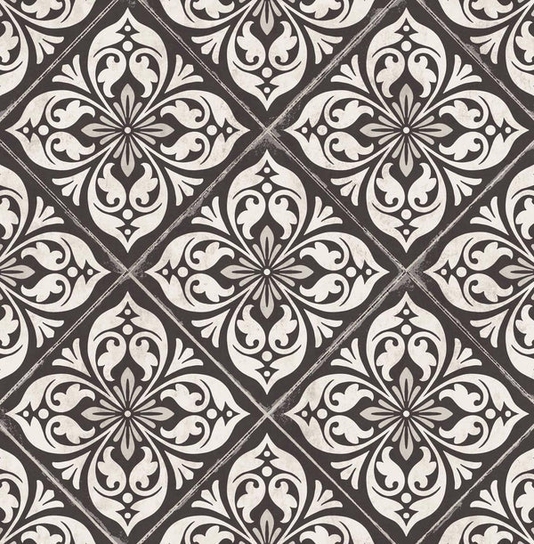 Seabrook Plumosa Tile Ebony And Silver Wallpaper