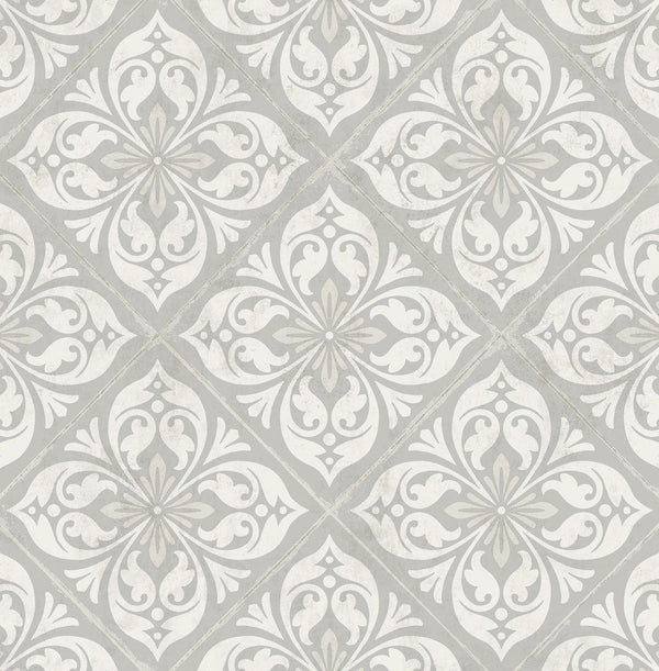 Seabrook Plumosa Tile Cove Gray And Silver Wallpaper
