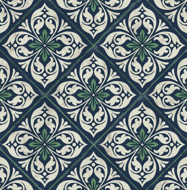 Seabrook Plumosa Tile Midnight Blue And Spearmint Wallpaper