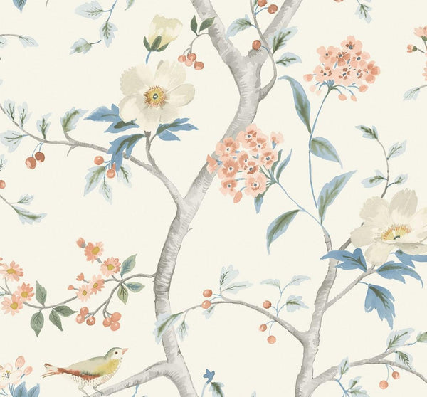 Seabrook Southport Floral Trail Eggshell, Melon, And Carolina Blue Wallpaper