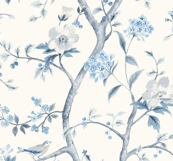 Seabrook Southport Floral Trail Eggshell And Blue Shale Wallpaper