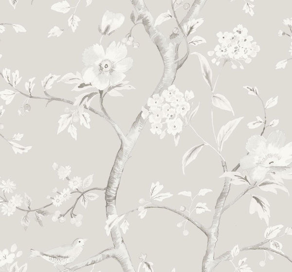 Seabrook Southport Floral Trail Metallic Silver And Fog Wallpaper