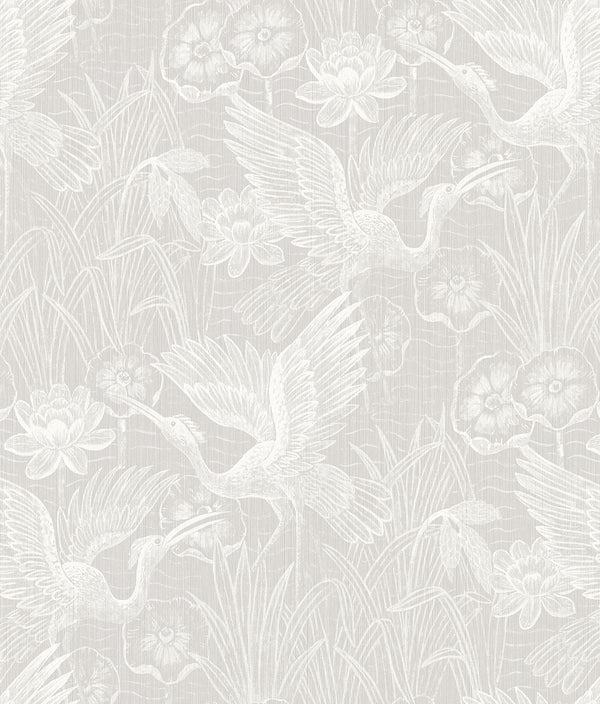 Seabrook White Heron Floral Heron Neutral Wallpaper
