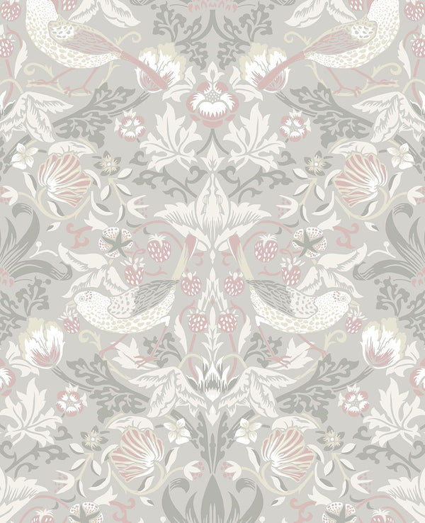 Seabrook Fragaria Garden Light Grey & Rose Petal Wallpaper