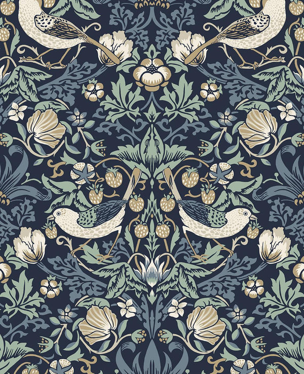 Seabrook Fragaria Garden Navy Blue & Aloe Wallpaper