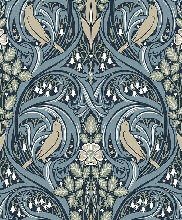 Seabrook Bird Scroll Navy & Beige Wallpaper