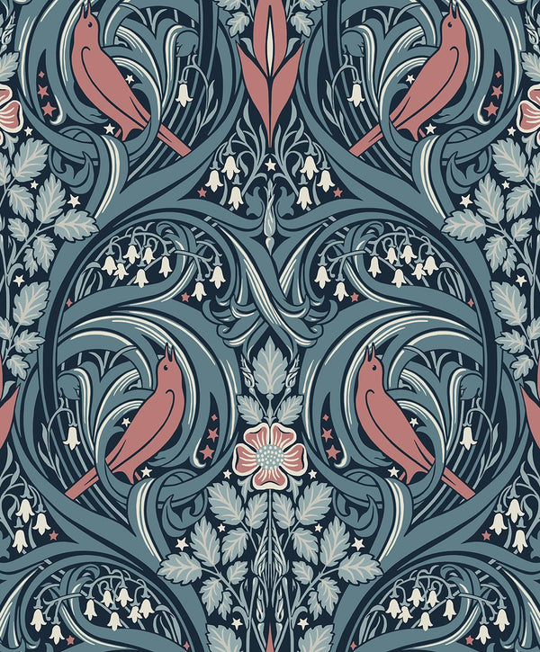 Seabrook Bird Scroll Aegean Teal & Coral Wallpaper