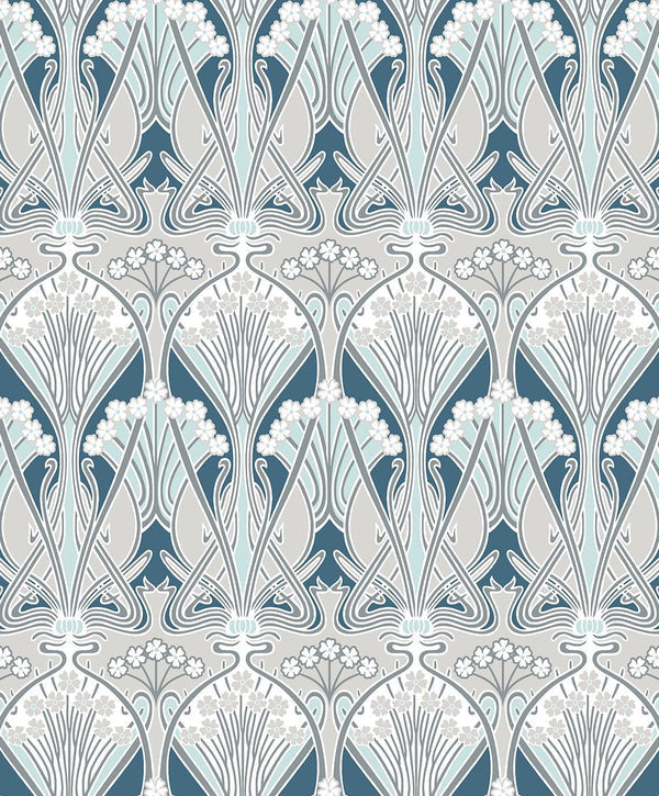Seabrook Dragonfly Damask Aegean Blue & Dewdrop Wallpaper