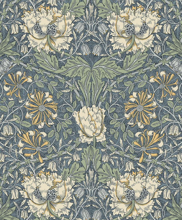 Seabrook Ogee Flora Blue Lake & French Vanilla Wallpaper