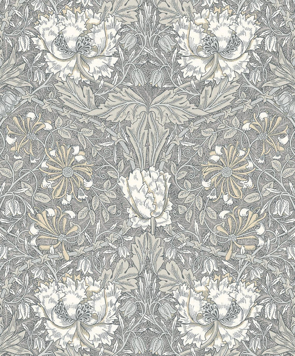Seabrook Ogee Flora Stone Grey & Desert Sand Wallpaper