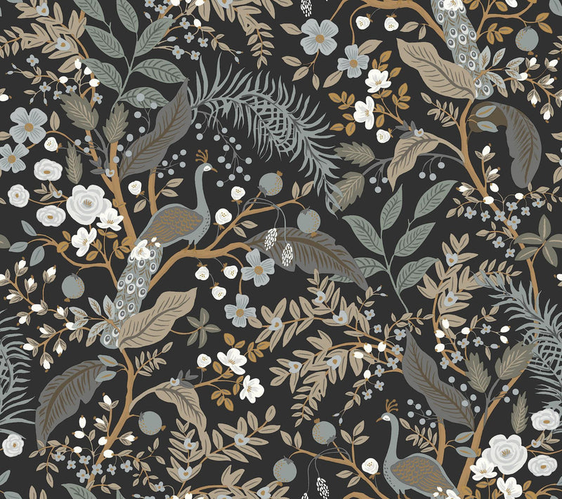 Rifle Paper Co. Peacock Garden Peel And Stick Black Wallpaper