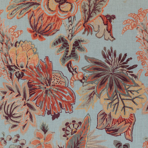 Floral Gala Blue and Cinnamon Fabric - F910215 - Thibaut Fabric