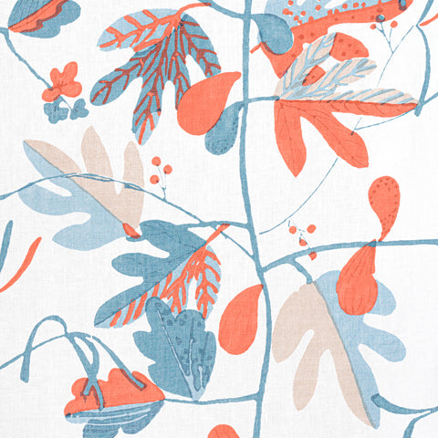 Matisse Leaf French Blue and Coral Fabric - F916207 - Thibaut Fabric