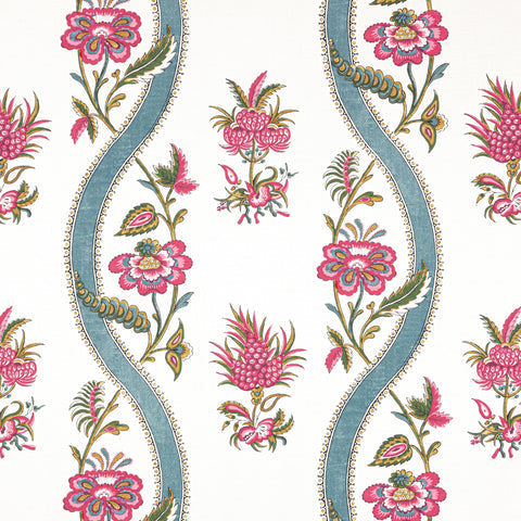 Ribbon Floral Raspberry and Teal Fabric - F936426 - Thibaut Fabric