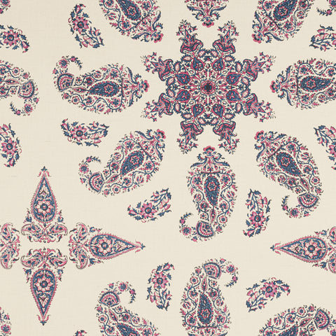 East India Raspberry and Blue on Natural Fabric - F936430 - Thibaut Fabric