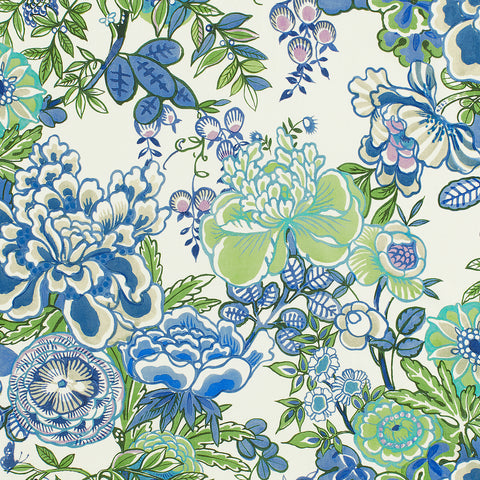 Peony Garden Blue and Green Fabric - F942021 - Thibaut Fabric
