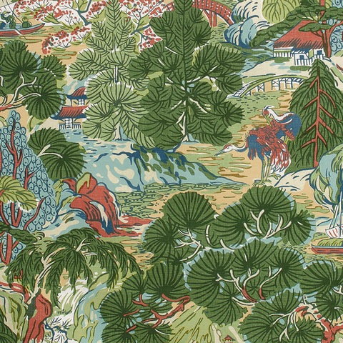 Pagoda Trees Coral and Green Fabric - F942022 - Thibaut Fabric
