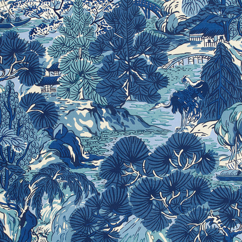 Pagoda Trees Blues Fabric - F942023 - Thibaut Fabric