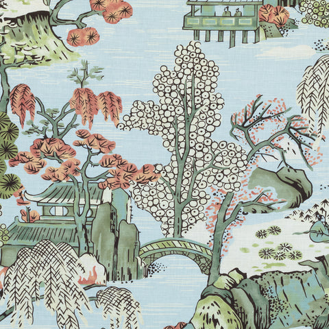 Asian Scenic Robins Egg Fabric - F975460 - Thibaut Fabric
