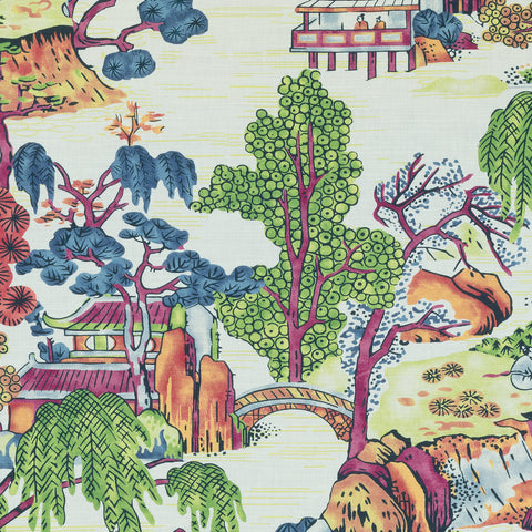Asian Scenic Coral and Green Fabric - F975464 - Thibaut Fabric