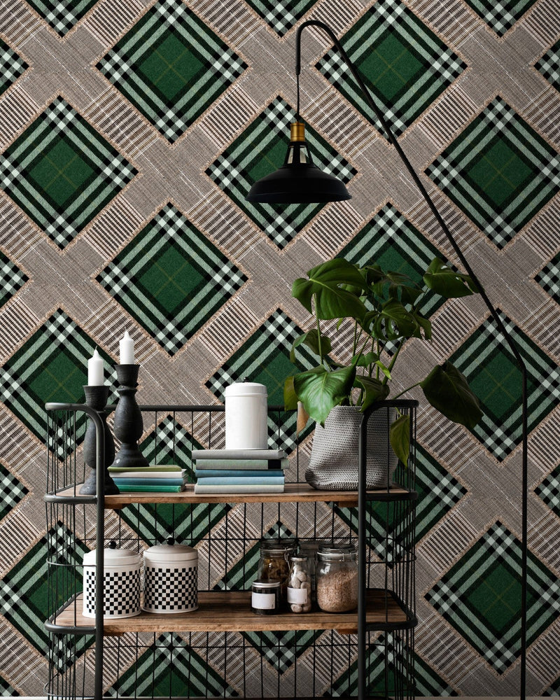 Mind The Gap - CHECKERED PATCHWORK British Green Wallpaper - WP20389